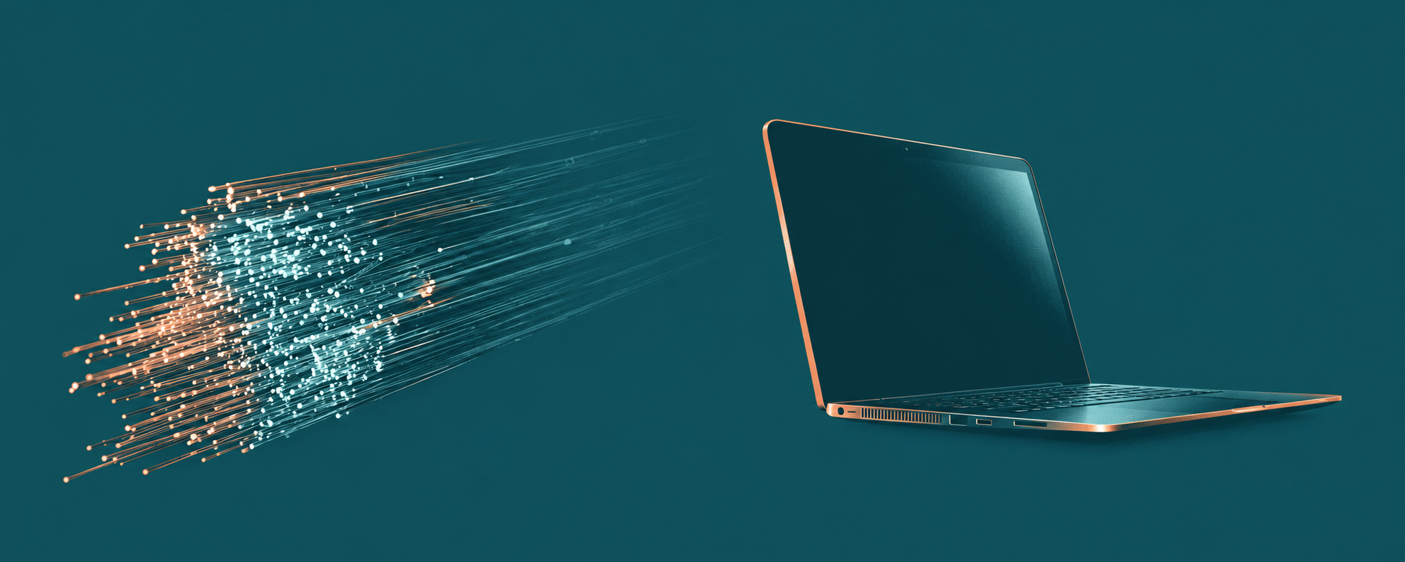 Optical fibres picked out in teal and copper light